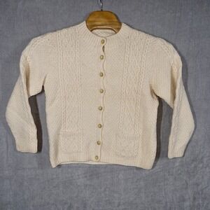 Aran Wool Cardigan Style Pocket Sweater‎ Womens Large Cable Knit Preppy *read*